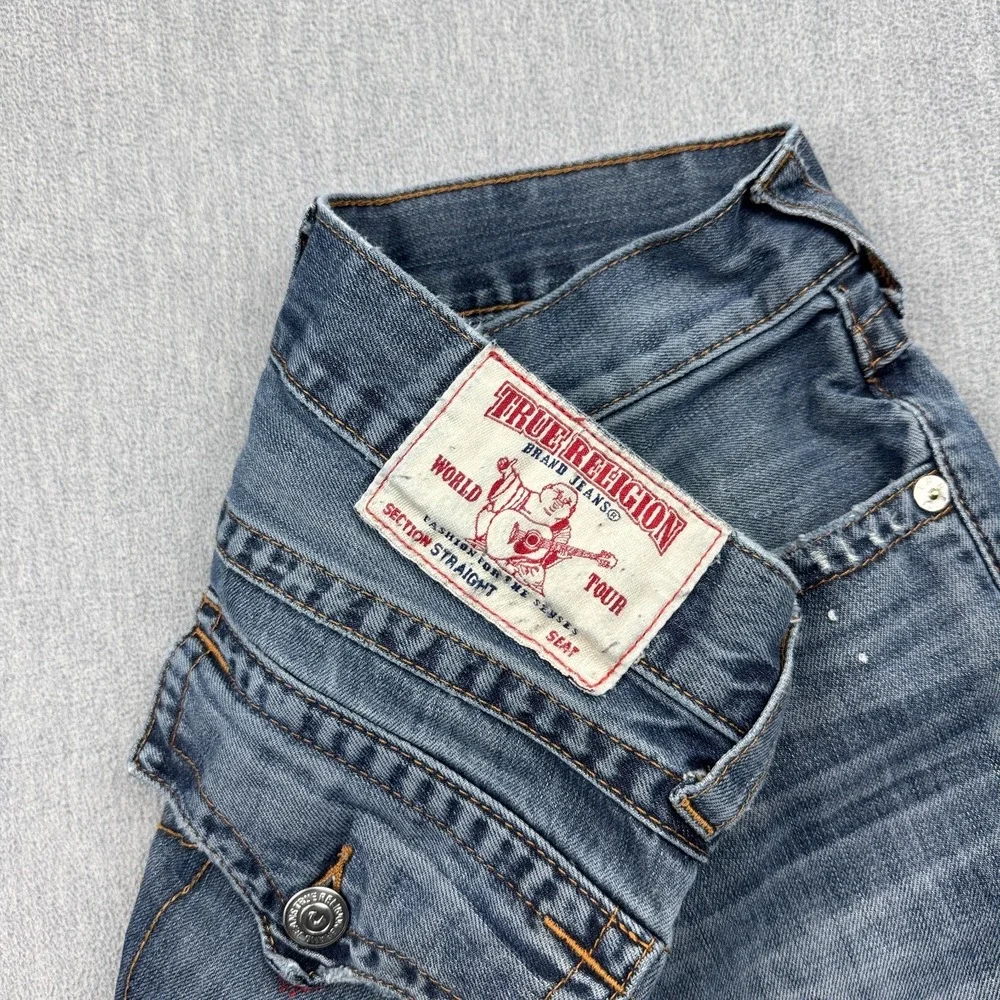 True Religion Jeans Mens 30x33 Blue Denim Straight Slim Distressed Classic Pants